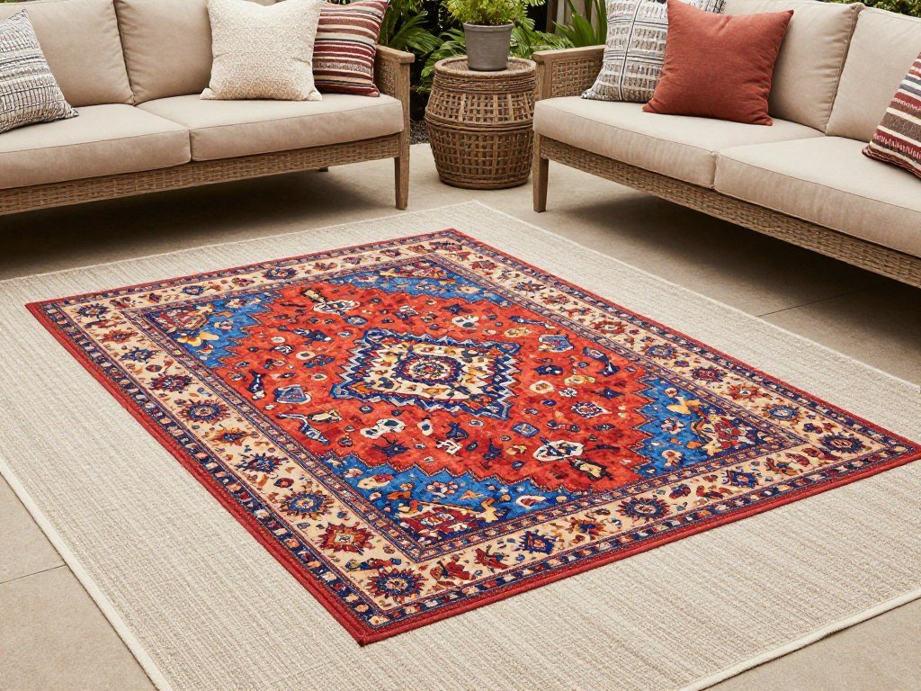 A patio with layered outdoor rugs of different sizes and complementary patterns creating visual depth
