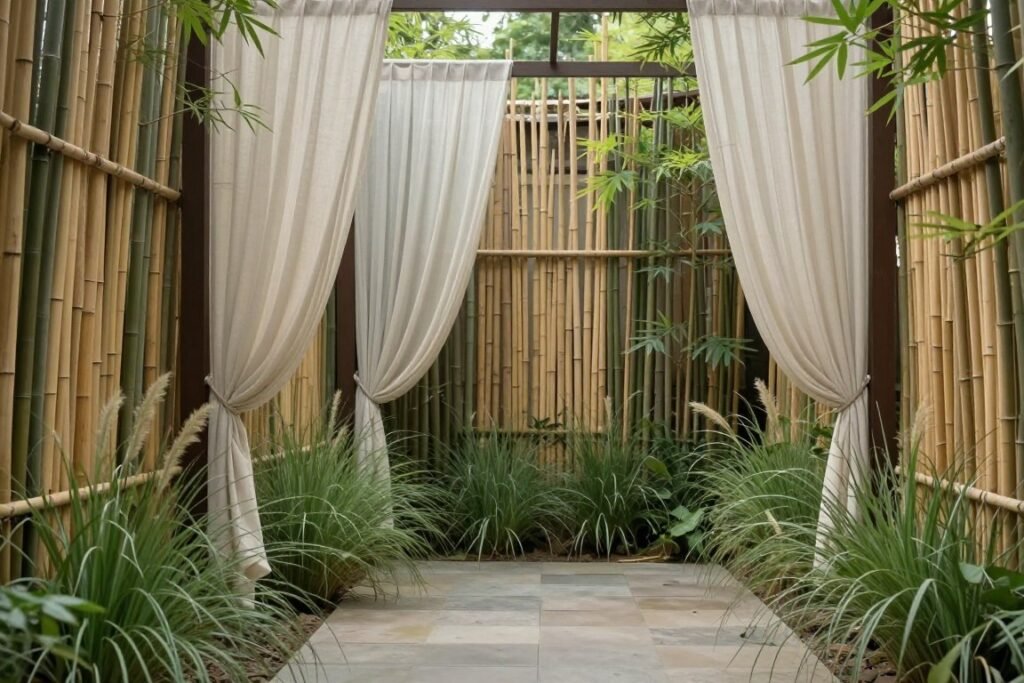 A patio with privacy screens made of bamboo, outdoor curtains, and strategic plantings creating a secluded feel