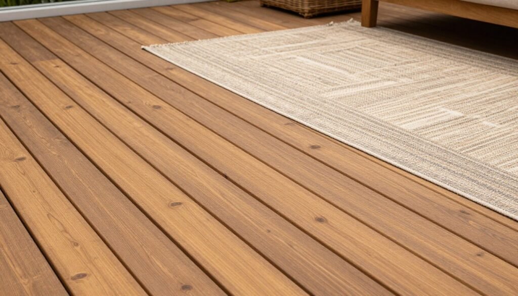A patio with warm-toned wooden decking, outdoor rugs, and comfortable flooring creating an inviting base