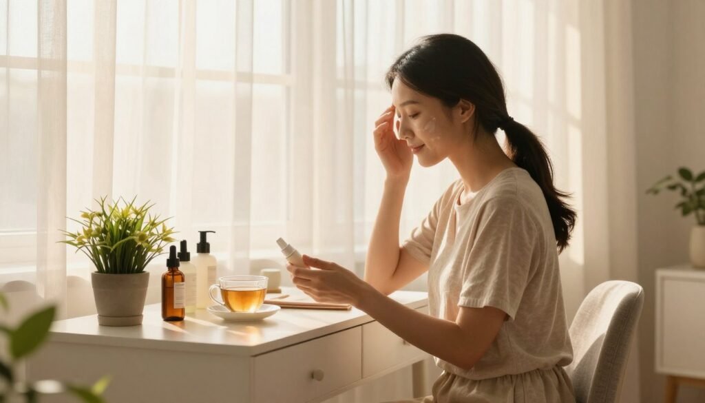 A peaceful morning scene with sunlight streaming onto a vanity desk as a woman enjoys her skincare routine