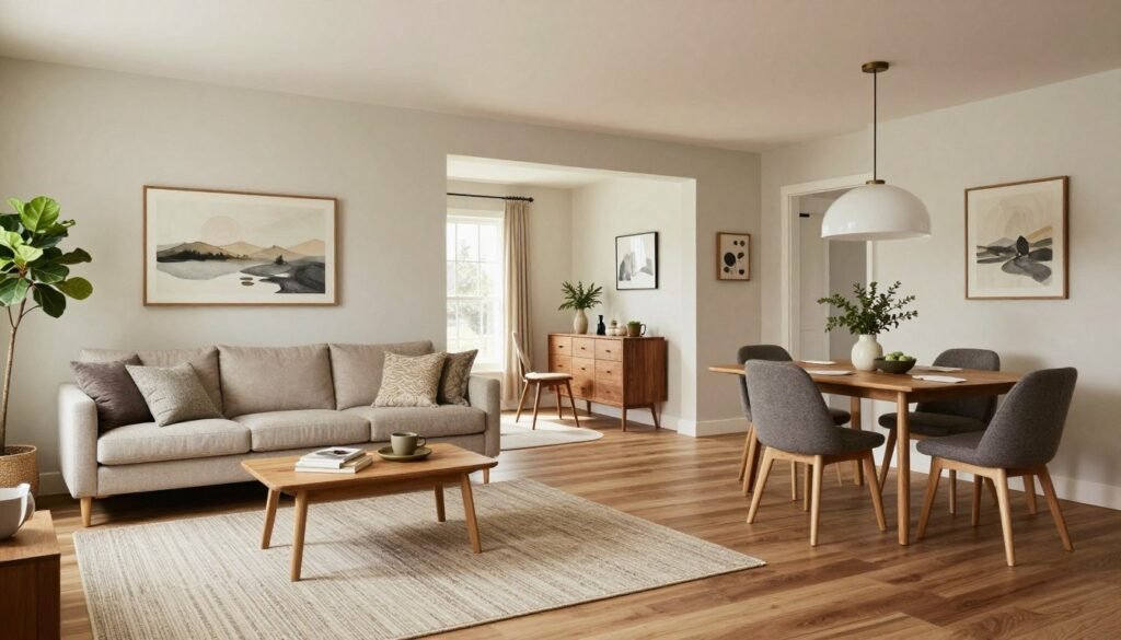 A perfectly balanced living room dining room combo showcasing all the principles discussed - defined zones, cohesive design elements, appropriate scale furniture, and thoughtful styling
