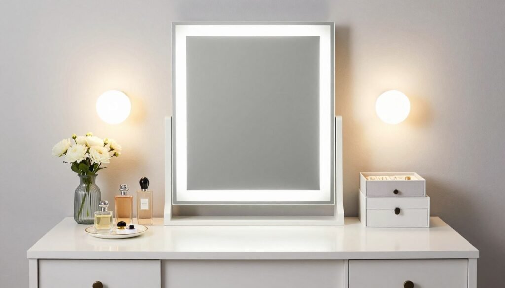 A perfectly balanced vanity desk arrangement with varying heights, grouped items on trays, and thoughtful symmetry