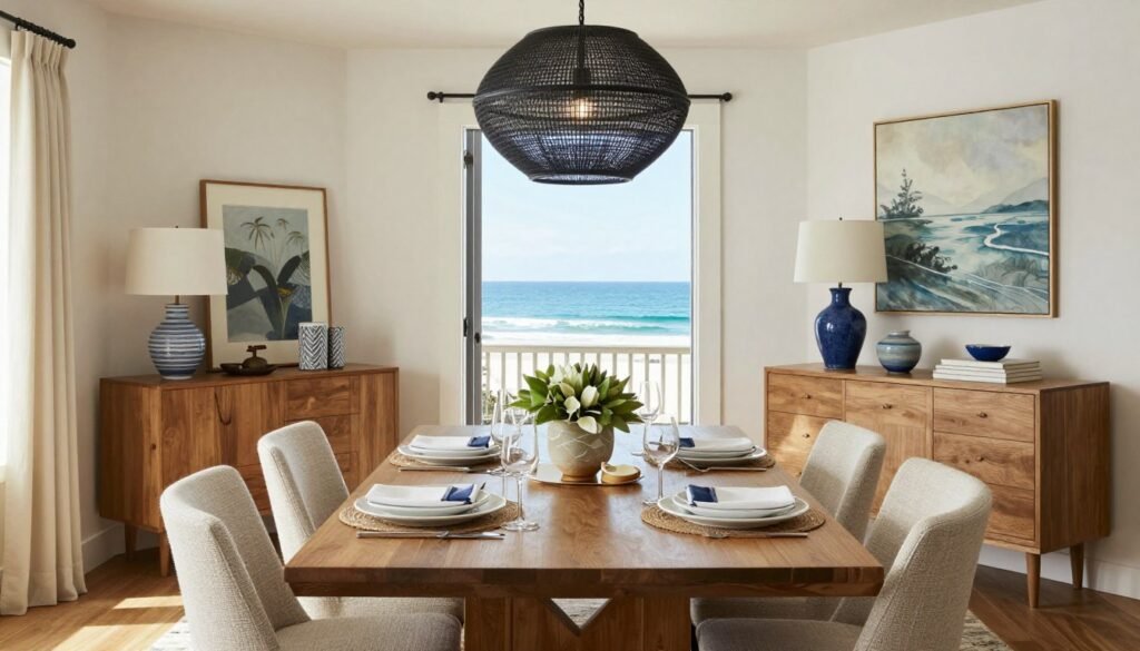 A perfectly styled coastal dining room with attention to detail and balanced design elements