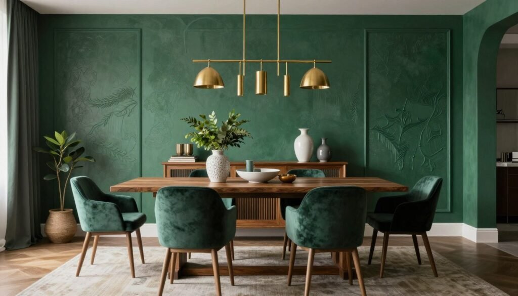 A perfectly styled green dining room showing layered textures, metallics and plants