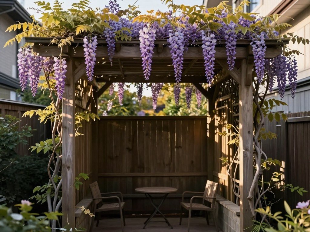 A pergola with climbing vines creating an intimate, private outdoor space between properties