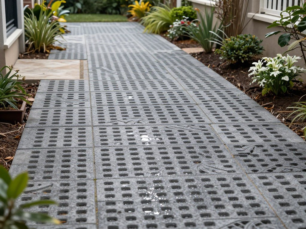 A permeable paver patio with plants growing between stones, allowing rainwater to infiltrate rather than run off