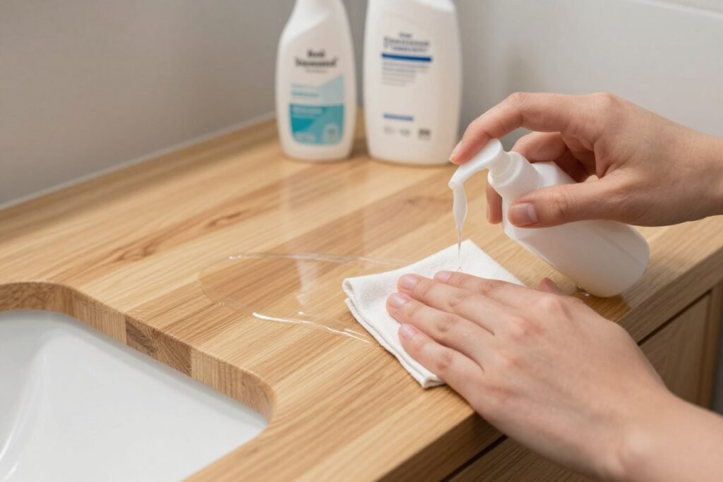 A person applying protective sealant to a wood bathroom vanity surface