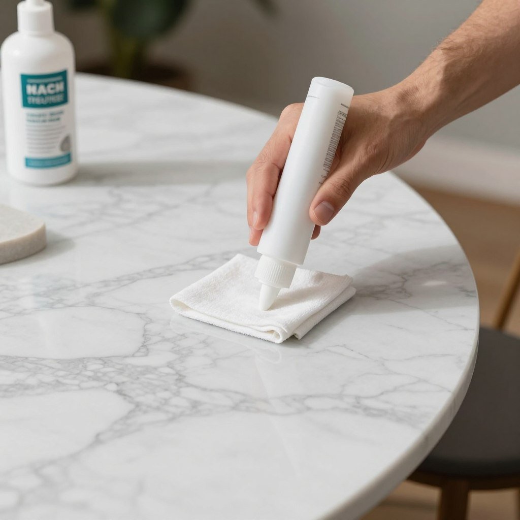 A person applying stone sealer to a marble circle dining table