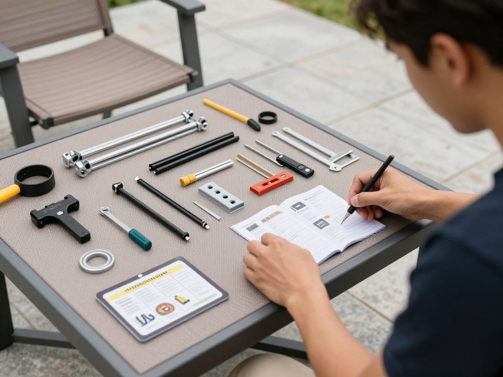 A person assembling outdoor furniture on a patio with tools and parts organized nearby