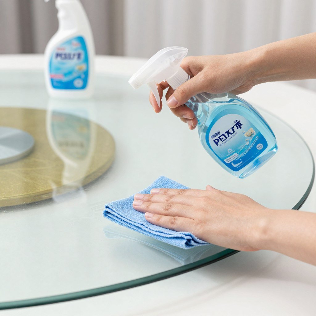 A person cleaning a glass circle dining table with appropriate glass cleaner