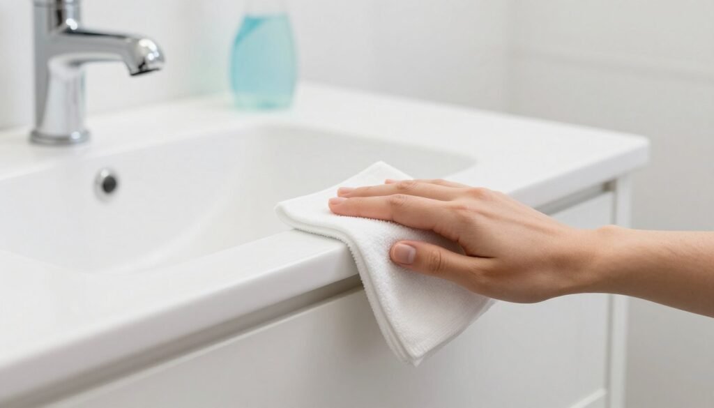 A person cleaning a white bathroom vanity with appropriate cleaning supplies