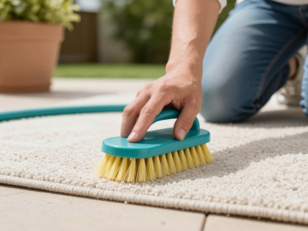 A person cleaning an outdoor rug with a garden hose and soft brush