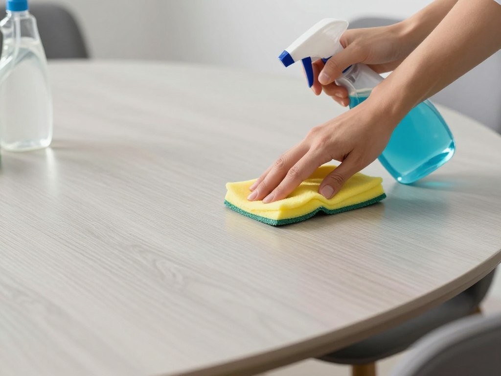 A person cleaning and maintaining a modern dining table surface