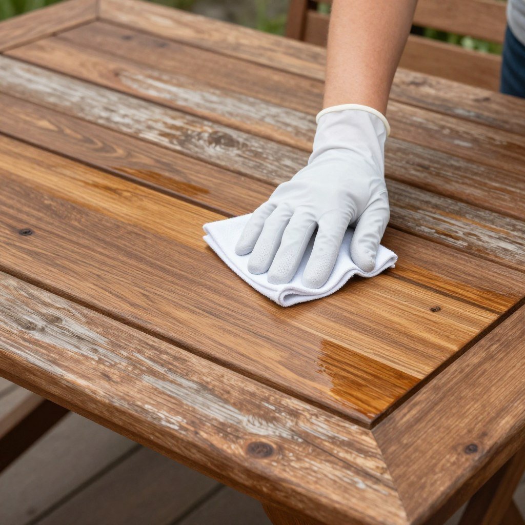 A person cleaning and maintaining a wooden patio dining table A person cleaning and maintaining a wooden patio dining table