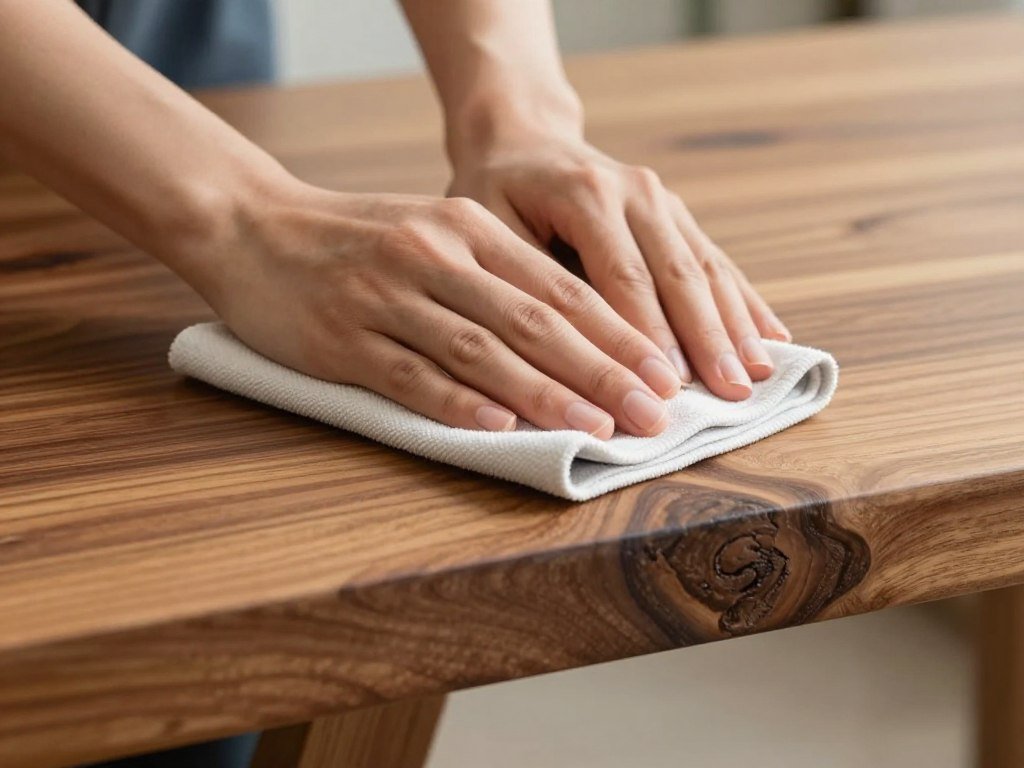 A person gently cleaning a live edge dining table with a soft cloth, showing proper maintenance technique