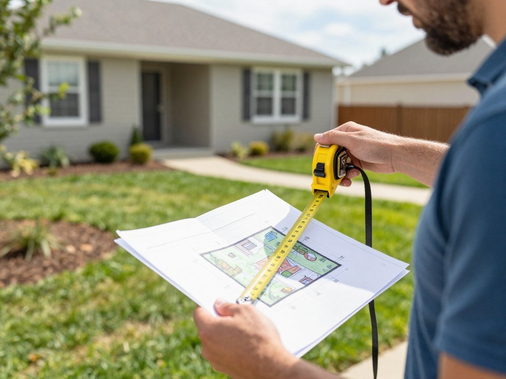 A person measuring and planning a small front yard landscape design