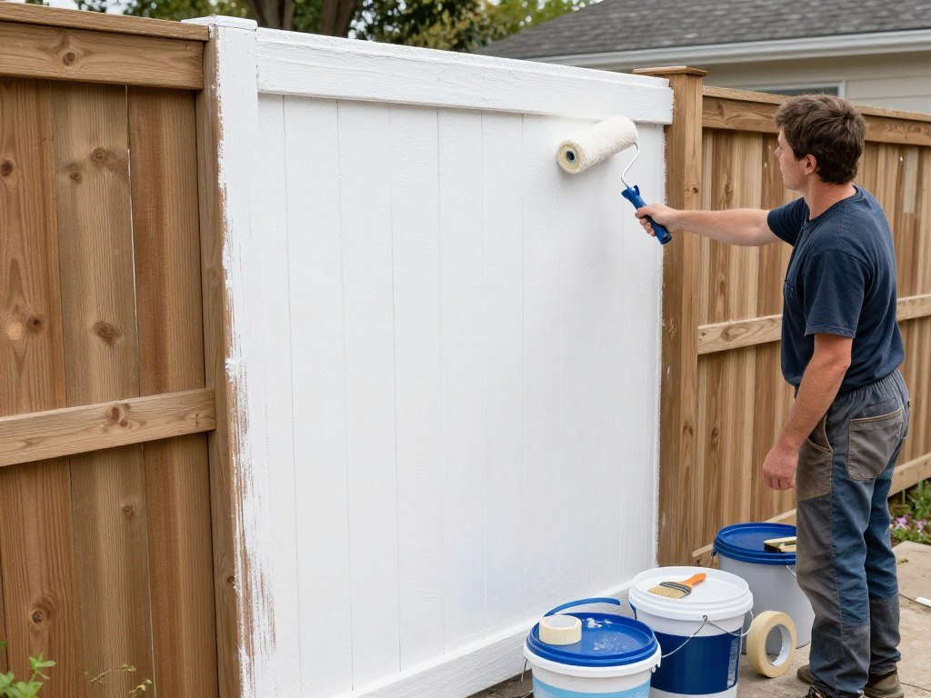 A person preparing a backyard fence for a mural by cleaning and priming the surface, showing the important first steps for backyard mural ideas
