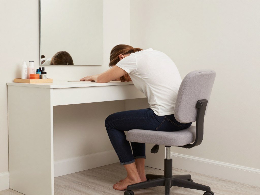 A person sitting at a vanity desk with proper ergonomic positioning - feet flat, arms comfortably resting on surface, mirror at eye level