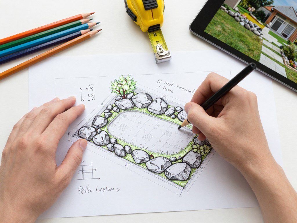 A person sketching a rock landscaping design plan with measurements and material calculations