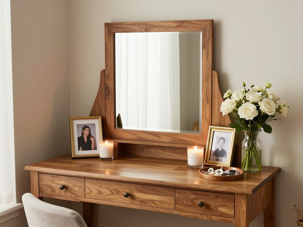 A personalized vanity corner with framed photos, candles, and personal mementos creating a sanctuary-like atmosphere