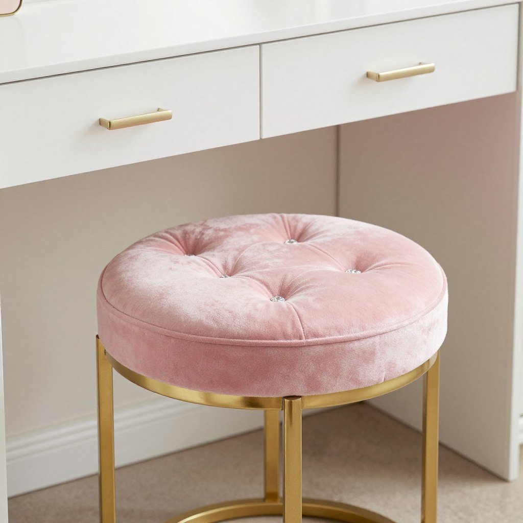 A plush pink velvet vanity stool with gold metal legs, positioned in front of a white vanity table