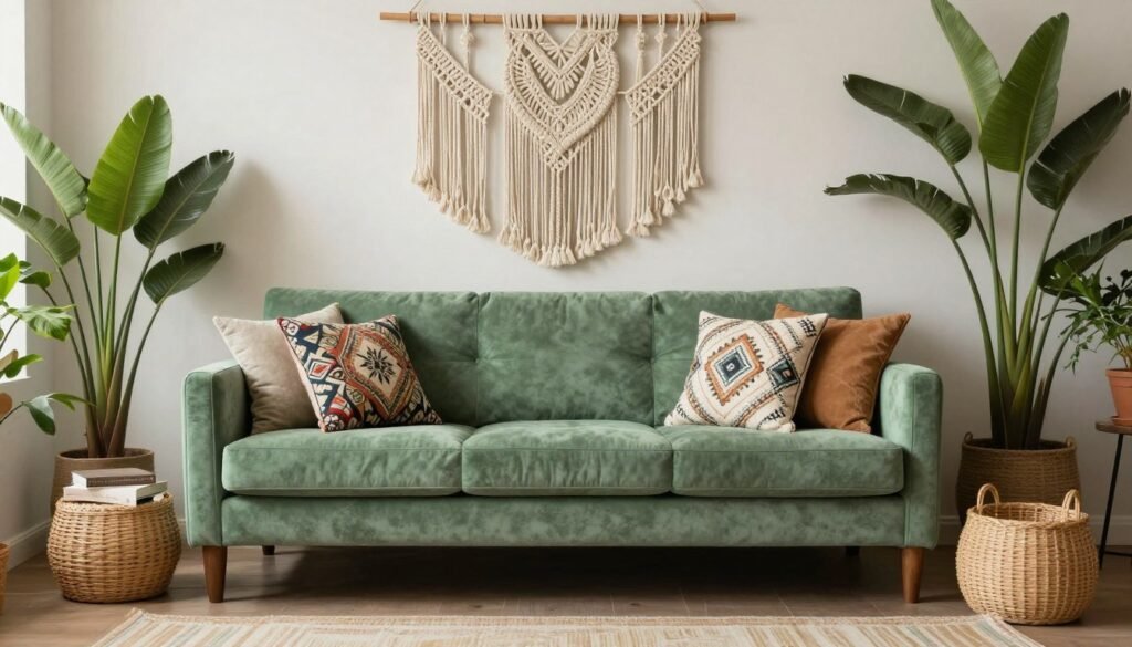 A plush sage green couch in a bohemian living room with layered textiles, plants, and global-inspired decor