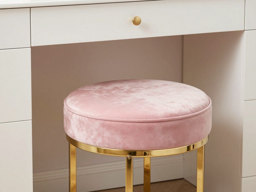 A plush velvet upholstered vanity stool in pink with gold legs