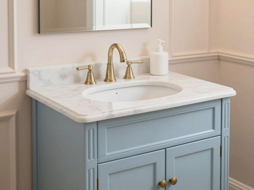 A powder blue bathroom vanity with white marble top and traditional styling in an elegant bathroom setting