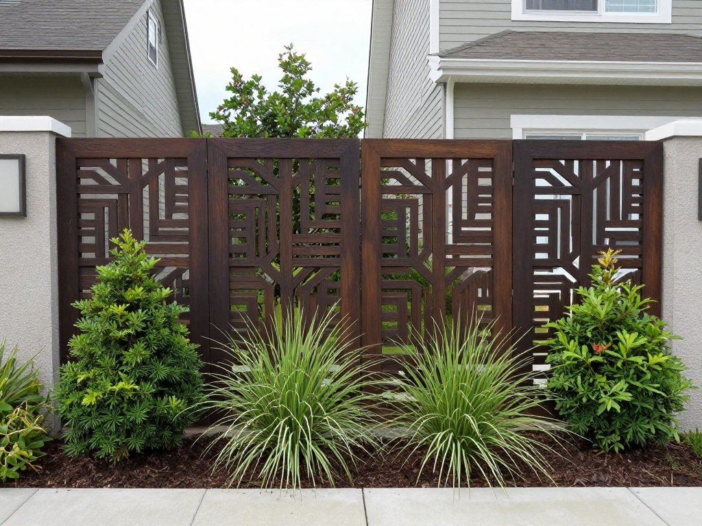 A privacy landscape combining decorative panels with strategic plantings between houses