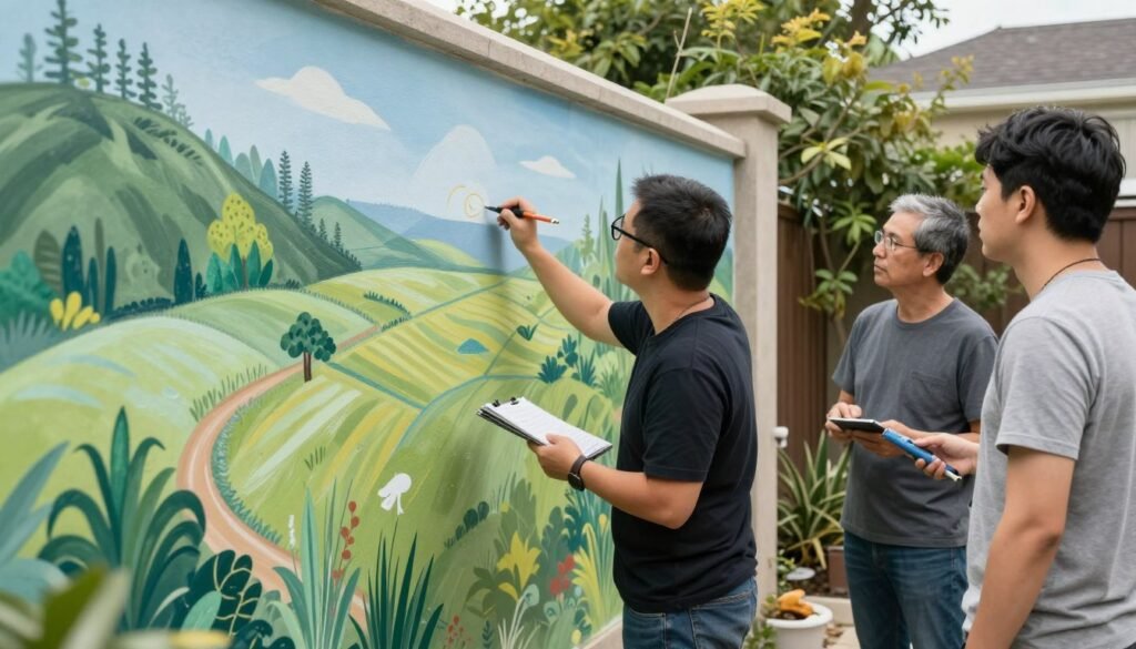 A professional artist working on a detailed backyard mural while homeowners observe, showing the collaboration process for complex backyard mural ideas