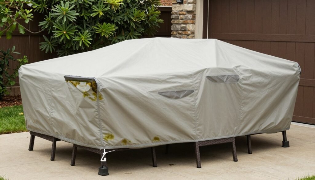 A properly covered and protected patio dining set during off-season storage A properly covered and protected patio dining set during off-season storage