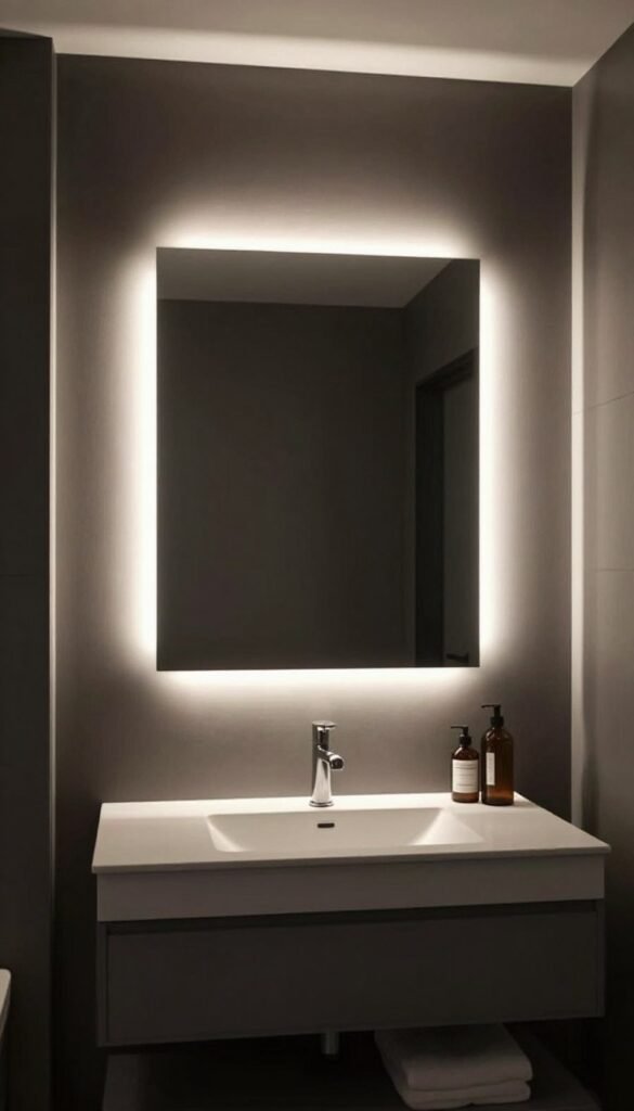 A rectangular LED backlit mirror creating a halo effect on a dark bathroom wall, mounted above a floating vanity