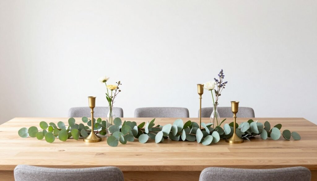 A rectangular dining table with a long, low centerpiece featuring a eucalyptus garland, brass candlesticks, and small bud vases running down the center