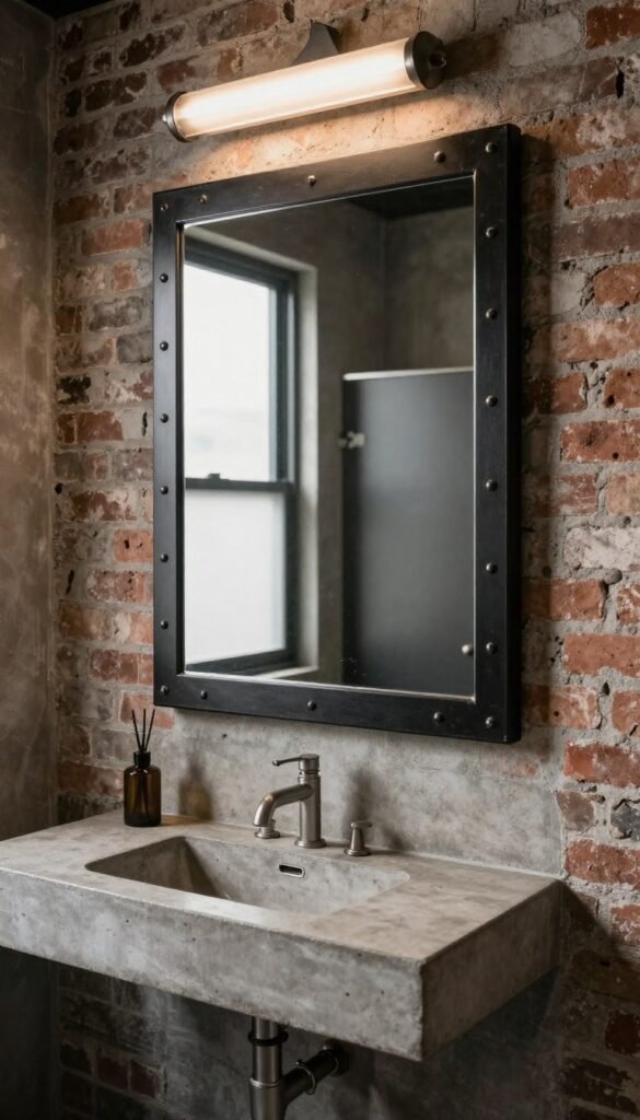 A rectangular mirror with a black metal frame featuring rivets and industrial details, mounted above a concrete vanity