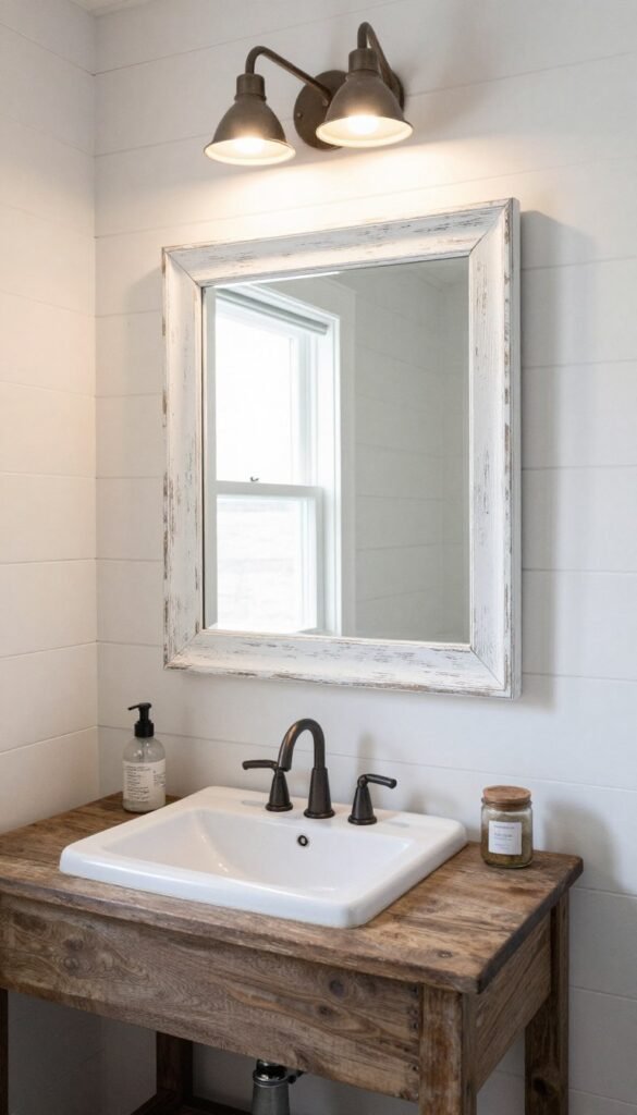 A rectangular mirror with a distressed white wooden frame mounted above a rustic vanity in a farmhouse-style bathroom