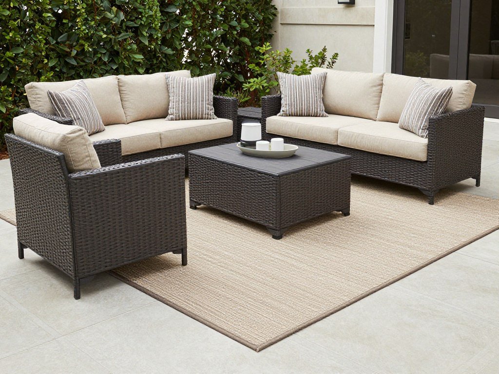 A rectangular outdoor rug defining a patio seating area with sofas and chairs