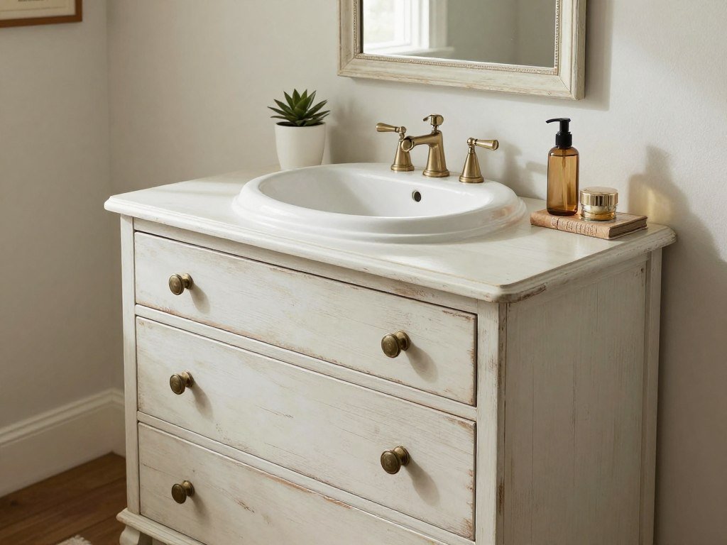 A repurposed antique dresser converted into a bathroom vanity with a vessel sink and vintage hardware