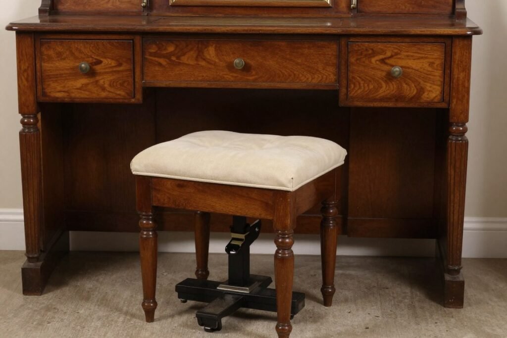 A repurposed vintage piano stool being used as a vanity stool