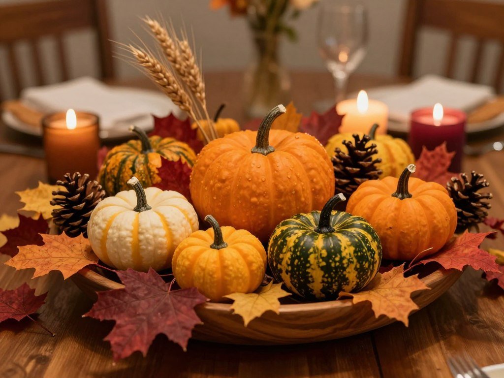 A rich autumn dining table centerpiece featuring mini pumpkins, gourds, fall leaves, and warm-colored candles A rich autumn dining table centerpiece featuring mini pumpkins, gourds, fall leaves, and warm-colored candles