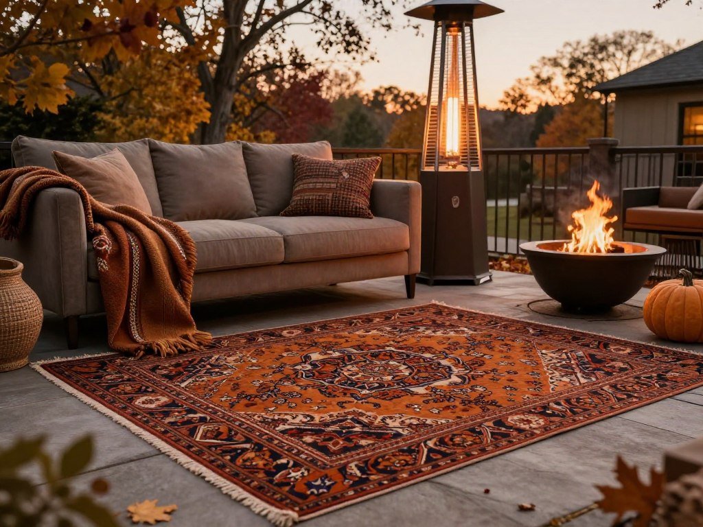 A rich, warm-toned outdoor rug with deeper colors suitable for fall and winter patio use