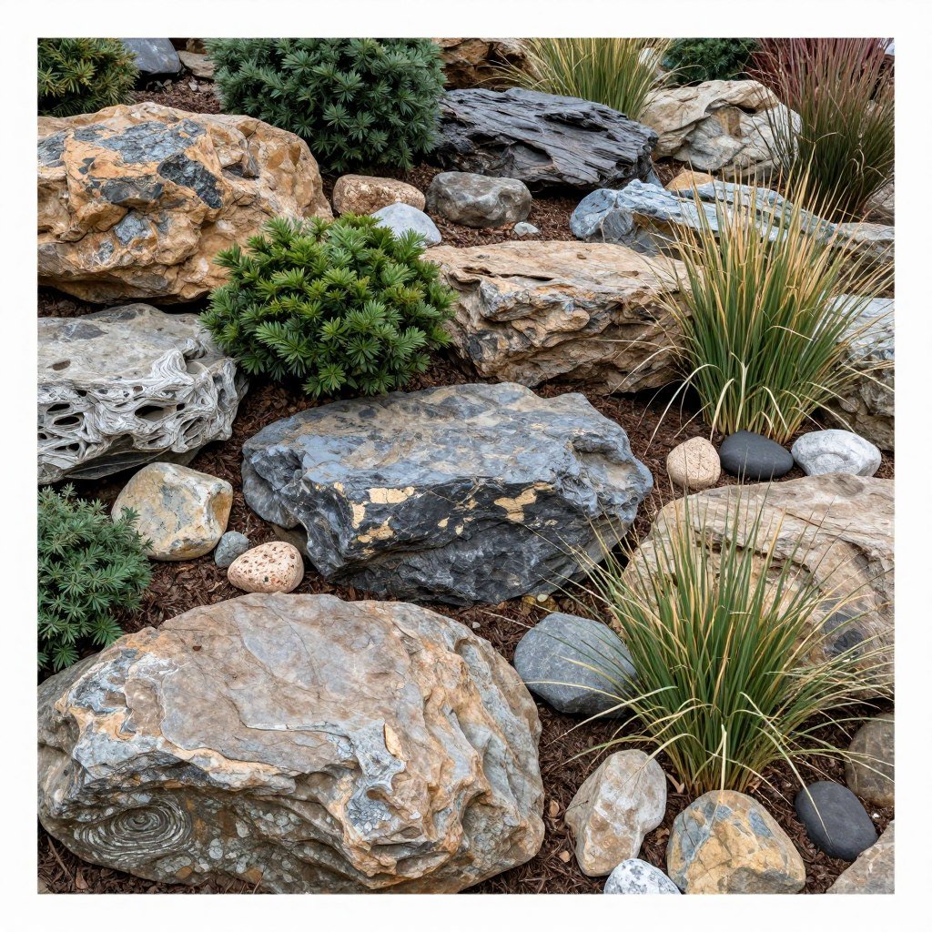 A rock garden showing consistent visual appeal regardless of season with evergreen plants