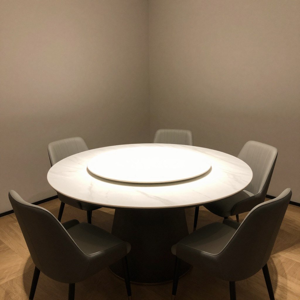A round dining table in a square dining space creating an intimate setting for conversation