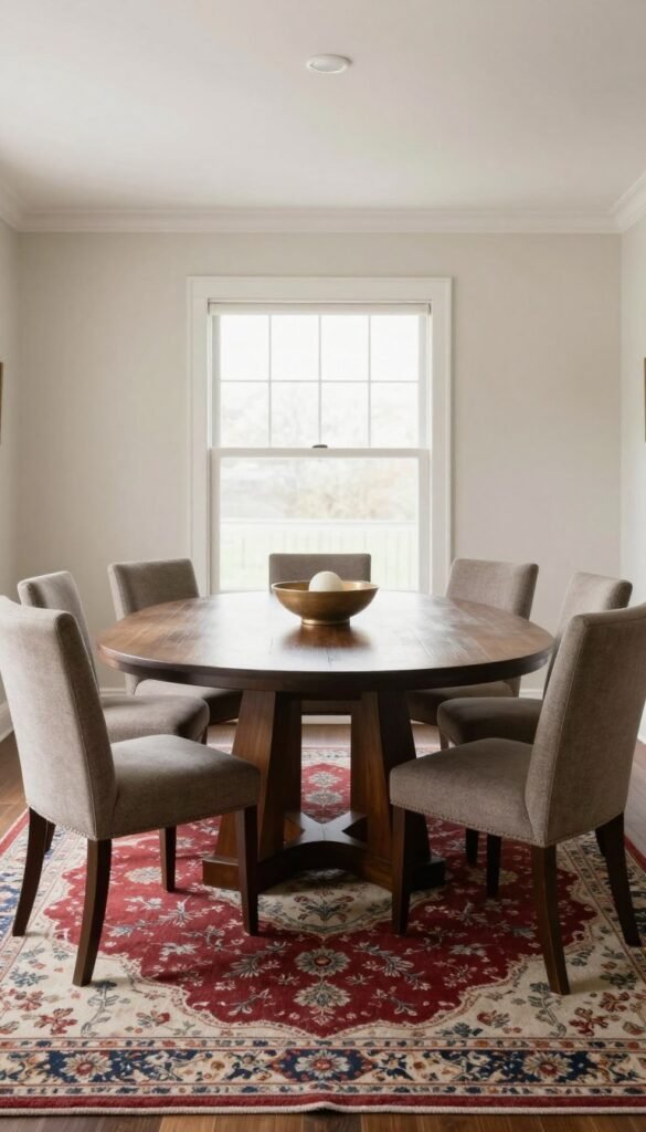A round dining table perfectly positioned in a rectangular room with proper spacing