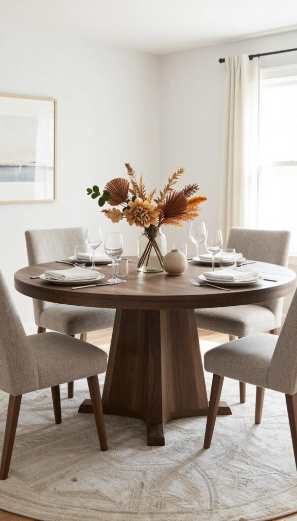A round dining table with a beautiful centerpiece and place settings on a complementary rug