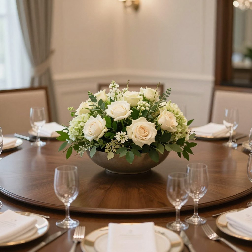 A round dining table with a perfectly proportioned centerpiece featuring a low arrangement of flowers in a round bowl A round dining table with a perfectly proportioned centerpiece featuring a low arrangement of flowers in a round bowl