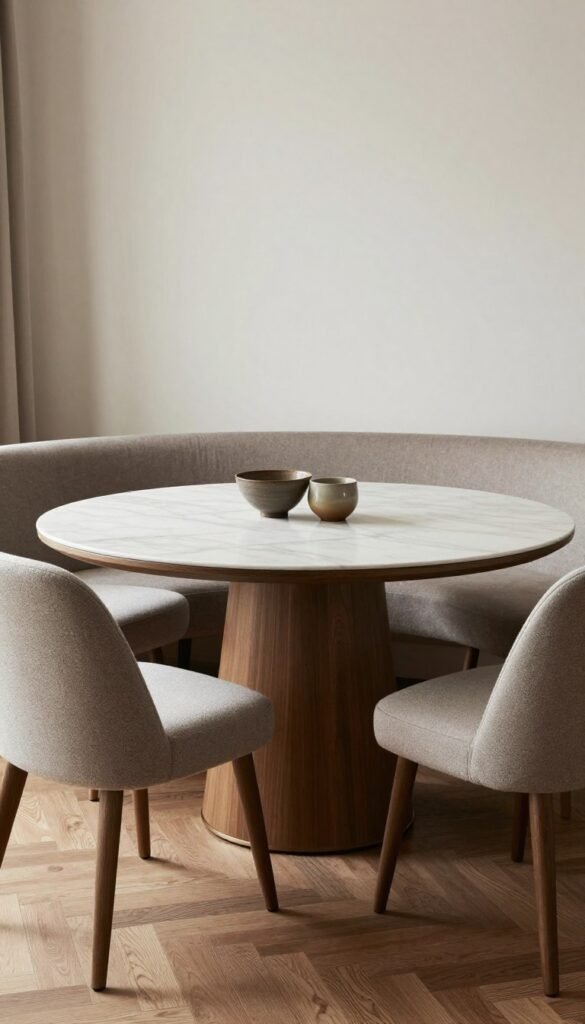 A round dining table with mixed seating including upholstered chairs and a curved bench