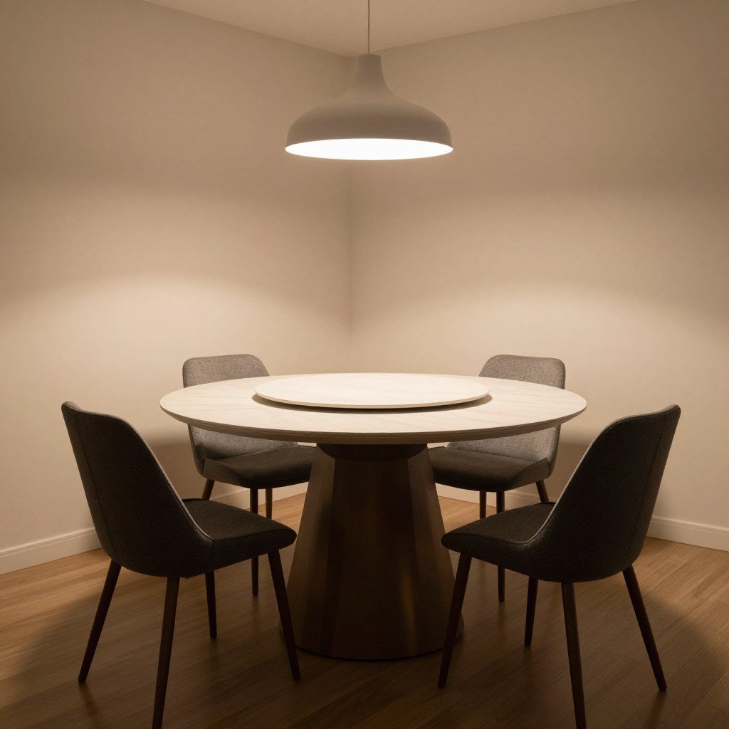 A round modern dining table creating intimate dining space