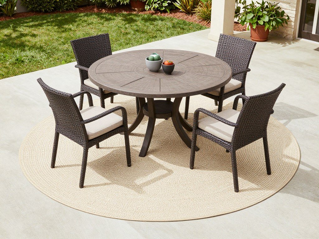 A round outdoor rug under a circular dining table creating a harmonious look
