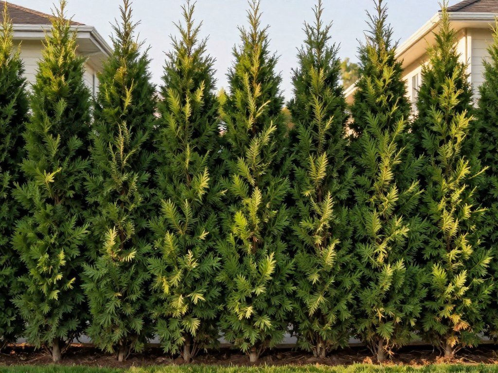A row of arborvitae creating a dense evergreen privacy screen between two residential properties