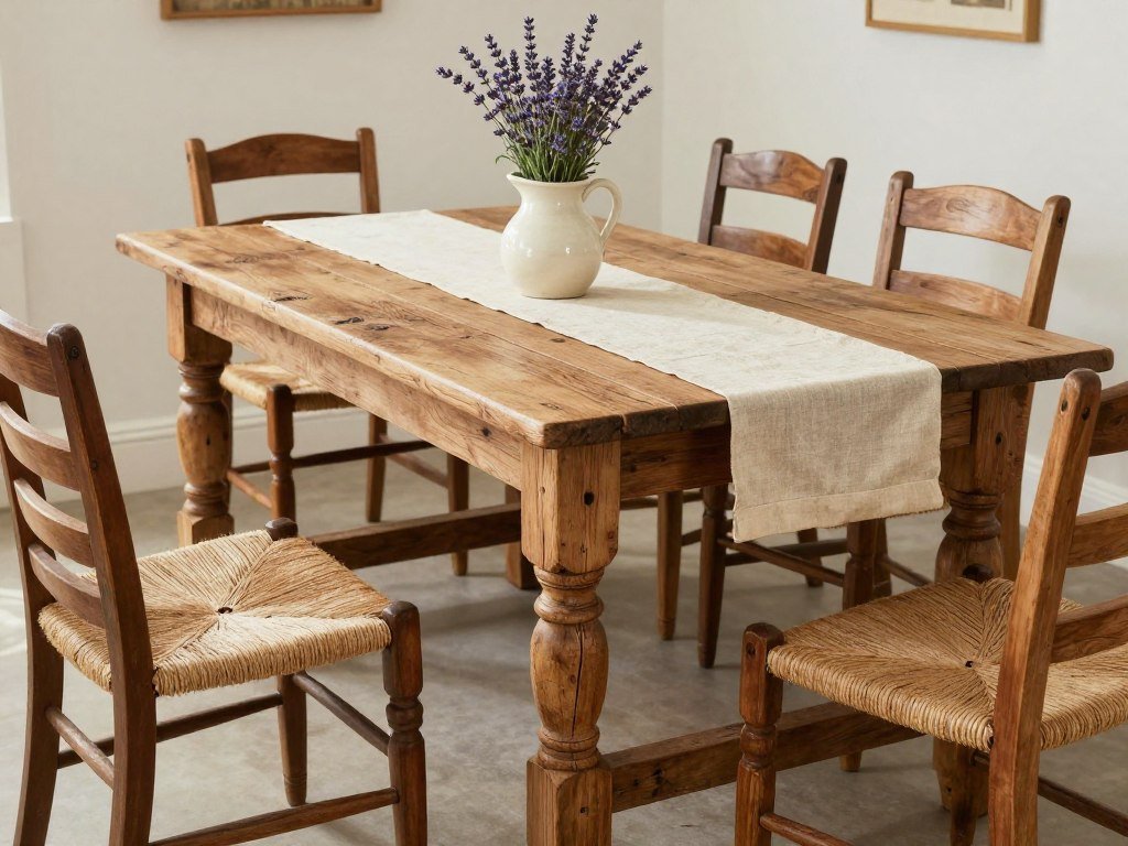 A rustic French country farmhouse table with mismatched chairs and a simple linen runner